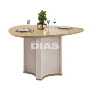 MESA DJ CHANEL 136X136 TAMPO ORGANICO C/VIDRO OFF WHITE/DOURADO